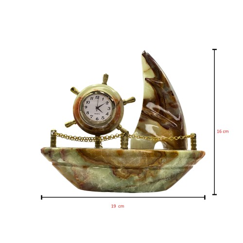 Natural Hand Made Onyx Ship Shape with Clock Marble Stone Hand Crafted Ship Sculpture best Gift 7" Inch