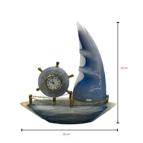 Natural Hand Made Onyx Ship Shape with Clock Marble Stone Hand Crafted Ship Sculpture 8" Inch best Gift Yellow Blue