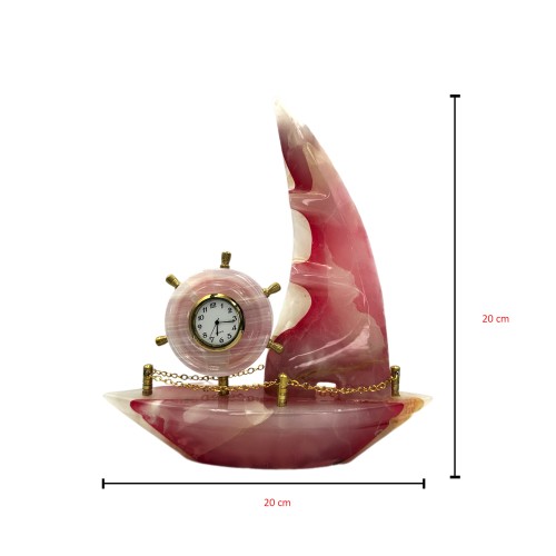Natural Hand Made Onyx Ship Shape with Clock Marble Stone Hand Crafted Ship Sculpture 8" Inch best Gift  Pink / Red