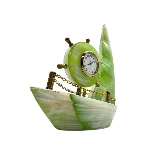 Natural Hand Made Onyx Ship Shape with Clock Marble Stone Hand Crafted Ship Sculpture 8" Inch best Gift Sea Green Colour