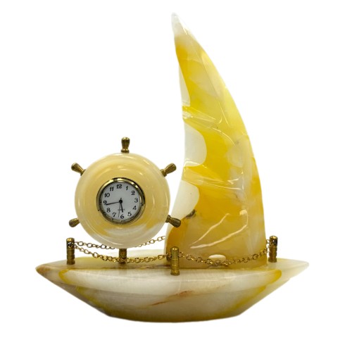 Natural Hand Made Onyx Ship Shape with Clock Marble Stone Hand Crafted Ship Sculpture 8" Inch best Gift  Yellow Colour