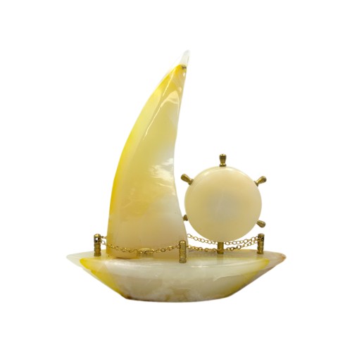Natural Hand Made Onyx Ship Shape with Clock Marble Stone Hand Crafted Ship Sculpture 8" Inch best Gift  Yellow Colour