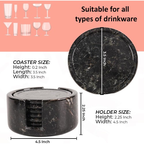 Marble Coasters 3.5”  Inches Handmade Round Set for Office, Kitchen Drinkware Stylish Table décor Black, Green, White Colour