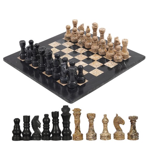 Handmade Marble Chess Board 12” Set  Coral and Black Classic Strategy Game Set Gift for All Occasions